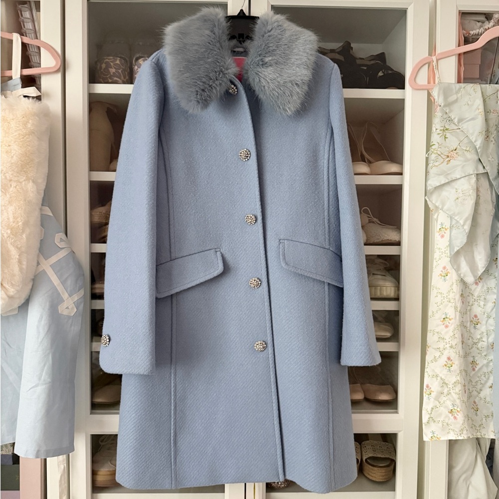 Jewel-button Removable Faux-fur Collar Metallic Twill Coat In Rain Drop